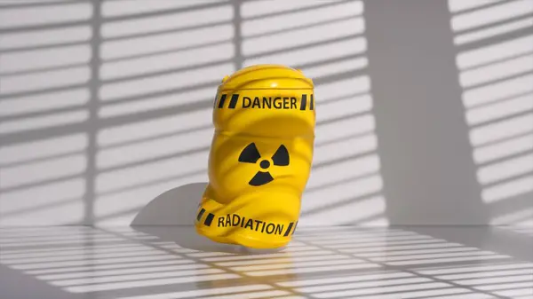 摘要概念 一桶黄色的有毒废物掉在地板上 变成了一个充气气球 物体的变换 3D说明 — 图库照片