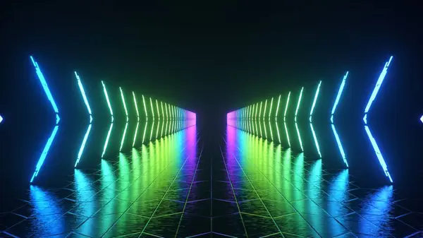 未来的霓虹灯发光走廊在黑暗抽象的背景 多色照明 3D说明 — 图库照片