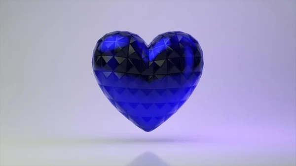 Love concept. Beautiful closeup of blue metal heart on blue neon background. Valentine\'s Day. 3D illustration.