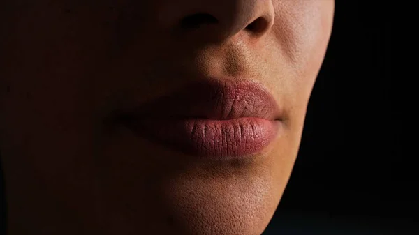 Womans Face Close Black Background Nose Lips Human Skin Shadow — Stock Photo, Image
