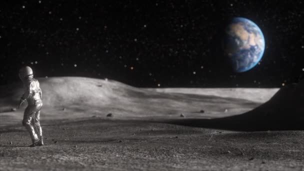 月面に月遊びのダンスをする男性宇宙飛行士が地球の背景に対して 3Dアニメーション — ストック動画