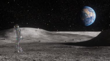 Detaylı uzay kıyafetli elmas astronot Ay yüzeyinde duruyor ve uzaktaki parlak Dünya 'nın çarpıcı görüntüsünü gözlemliyor. Uzayın enginliği. 3 Boyutlu Canlandırma.
