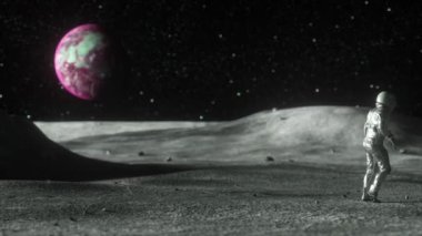 Detaylı uzay kıyafeti giymiş bir astronot ay yüzeyinde duruyor ve uzaktaki canlı bir Dünya 'nın çarpıcı görüntüsünü izliyor. Uzayın enginliği. 3 Boyutlu Canlandırma.