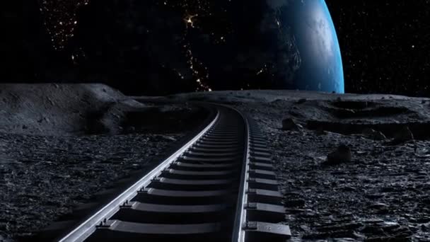 Trilhas Ferroviárias Estendem Por Uma Paisagem Lunar Estéril Com Uma — Vídeo de Stock