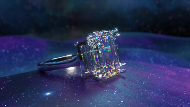 Zářící Diamantový Prsten Ukazuje Třpytivý Drahokam Odrážející Spektrum Barev Zasněném — Stock video