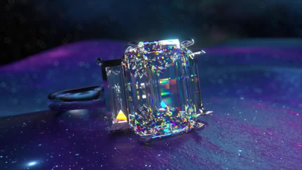 Een Glanzende Diamanten Ring Pronkt Met Een Glinsterende Edelsteen Die — Stockvideo