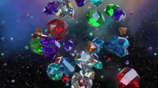 浮遊する多色の宝石の魅惑的な配列は ボケで満たされた背景 それぞれのクリスタルが反射し 鮮やかな色のスペクトルを反映しています 3Dアニメーション — ストック動画