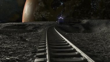 Ay ya da yabancı bir manzarada mavi bir tren, arka planda çarpıcı bir gezegen görüntüsüyle far ışığıyla aydınlatılır. 3 Boyutlu Canlandırma