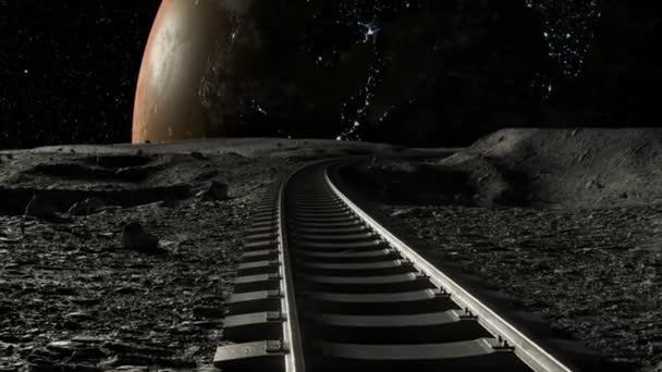 Казалось Бесконечный Набор Железнодорожных Путей Простирается Через Бесплодную Лунную Инопланетную — стоковое видео