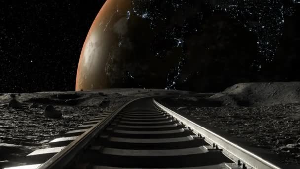 一見無限の鉄道トラックは 不毛な月や異星人の地形を横切って広がり 街灯に照らされた近くの惑星や地球の息をのむような景色へと導きます 3Dアニメーション — ストック動画