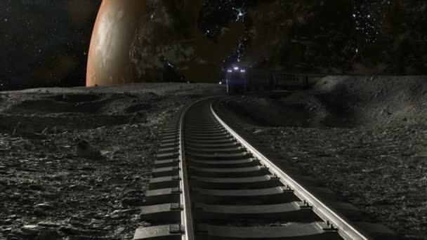 Місячному Або Інопланетному Ландшафті Синій Поїзд Підсвічується Фарами Вражаючим Видом — стокове відео