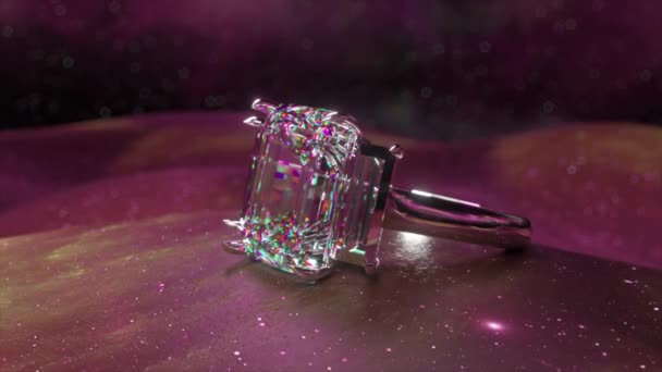 Widok Bliska Błyszczącego Diamentowego Pierścienia Ustawionego Surrealistycznym Fioletowym Tle Gwiazdami — Wideo stockowe