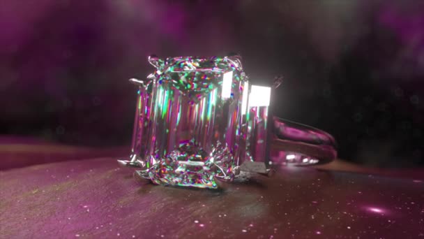 Крупный План Мерцающего Бриллиантового Кольца Установленного Сюрреалистическом Фиолетовом Усыпанном Звездами — стоковое видео