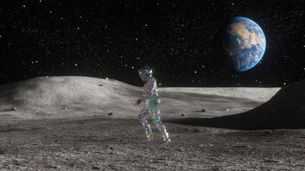 Diamond astronaut in detailed space attire stands on a lunar surface, observing the stunning view of a vibrant Earth in the distance. The vastness of space. 3d illustration