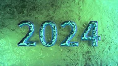 Dokulu yeşil arka planda parlak mavi 2024 balon figürleri, gelecekteki yeni yıl temasını somutlaştırıyor, 3 boyutlu animasyon..