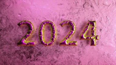 Pembe desenli bir arka planda parlayan 2024 balon. Yeni yıl arifesi ve şenlikli kutlamalar için mükemmel. 3D animasyon..