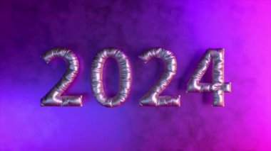 2024 balonlu mistik mor bir sis, gelecekteki yeni yıl arifesi atmosferini çağrıştırıyor, 3 boyutlu animasyon..