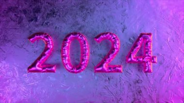 2024 yılı biçiminde canlı pembe metalik balonlar, kutlamayı ve umudu sembolize eden, donmuş desenli bir arka plana karşı, 3D animasyon.