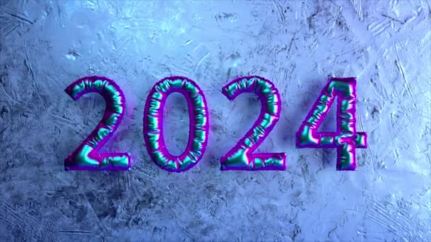 Vlnité Fóliové Balónky Tvořící Číslo 2024 Texturovaném Ledovém Pozadí Evokující — Stock video