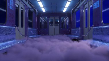 Gizemli metro vagonu sisli bir sis bulutu içinde, 3 boyutlu bir illüstrasyon