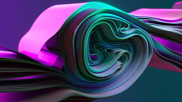 Psychedelic swirls of a 3D ribbon in neon purple and green hues. 3D illustration with a sleek, modern vibe.