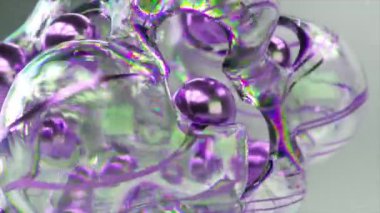 3 boyutlu animasyonda yanardöner sabun baloncuklarının yakın plan görüntüsü. Karmaşık yansımalar ve sisli bir arkaplanda şeffaf girdaplar..