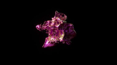 Üç boyutlu animasyonda soyut sıvı sıçraması, yanardöner renkler ve koyu bir arkaplana karşı dinamik akışkan hareket.