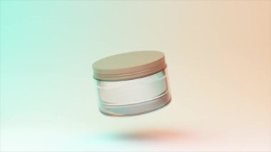 3 boyutlu animasyonda yüzen kozmetik kavanozu, naneli pastel kapaklı, rüya gibi bir gradyan karşısında sergileniyor.