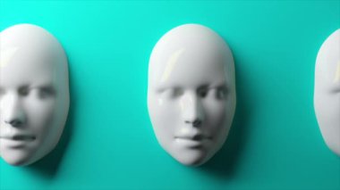 3 boyutlu animasyondaki aynı, mat beyaz maskeler, canlı bir turkuaz arka planda sunuluyor, sade, minimalist bir kontrast yaratıyor.