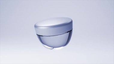 3D animasyonda minimalist kozmetik krem kavanozu, yumuşak mavi gradyan üzerinde pürüzsüz bir mat bitiş ve zarif bir taban içeriyor..