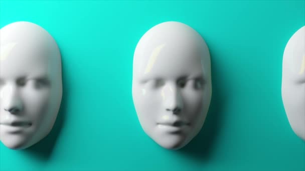 鮮やかなターコイズの背景に提示された3Dアニメーションの識別的でマットな白いマスクは 厳密でミニマリストのコントラストを作成します — ストック動画
