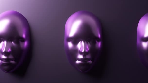 Metalowe Purpurowe Maski Animacji Emanujące Tajemnicą Gładkimi Refleksyjnymi Powierzchniami Ciemnym — Wideo stockowe