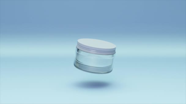 三维动画中的一个漂浮的化妆品奶瓶 其特点是洁白的盖子和柔和的蓝色渐变背景上的细微反光 — 图库视频影像