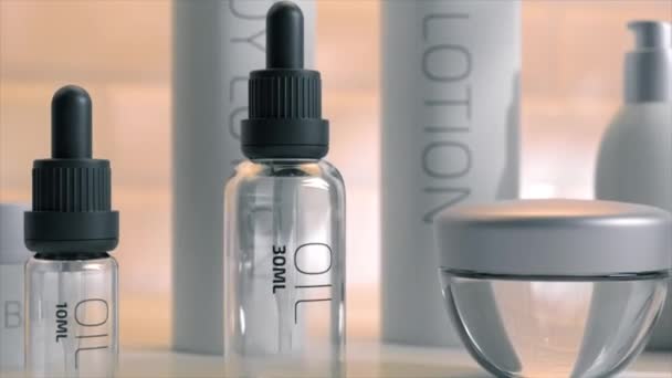 3D动画中护肤瓶的特写 在反射面用干净的线条和透明的材料展示现代设计 — 图库视频影像