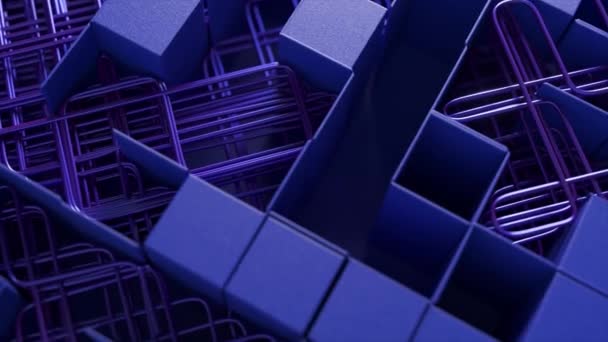 Laberinto Cubos Rejillas Púrpuras Entrelazadas Fundido Una Luz Azul Monocromática — Vídeo de stock