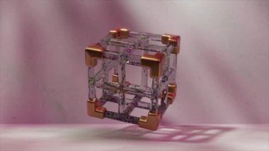 Üç boyutlu animasyon mor ve cam küp desenli bir yüzeye gölge düşürüyor, içinde parçacıklar barındırıyor.