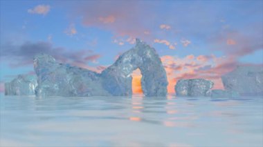 Gün batımında sakin bir okyanusta 3D buz kemeri, pastel bir gökyüzü zeminiyle.