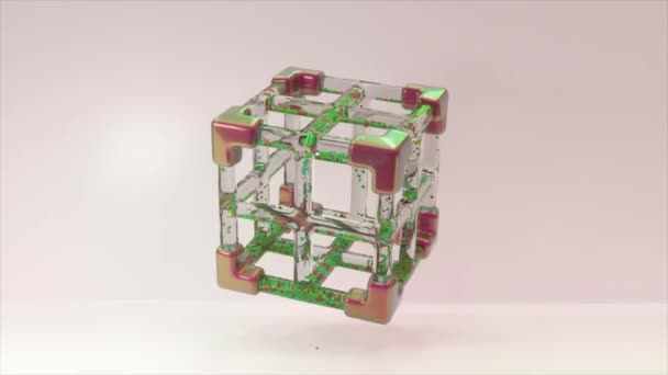 Gleaming Cube Structure Rotates Its Glassy Frame Filled Vibrant Dynamic — Stock Video