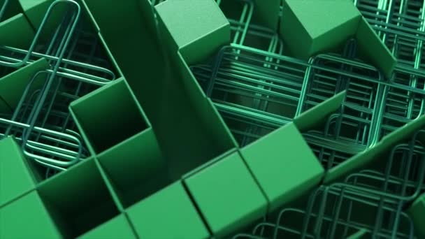 Laberinto Cubos Rejillas Púrpuras Entrelazadas Fundido Una Luz Verde Monocromática — Vídeos de Stock
