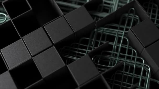精致的三维迷宫 由成熟的黑色立方体和银色网格组成 投射出微妙的阴影 — 图库视频影像