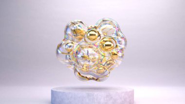 Altın çekirdekli saydam kabarcık kümesi, 3 boyutlu illüstrasyon