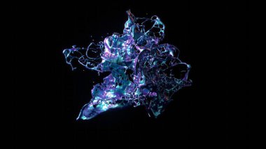 Üç boyutlu resimde soyut sıvı sıçraması, yanardöner renkler ve koyu bir arkaplana karşı dinamik akışkan hareket.