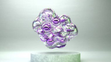 3 boyutlu illüstrasyonda şeffaf mor baloncuklar, yumuşak odaklı gri arkaplan ile bir taş kaide üzerinde havada asılı.