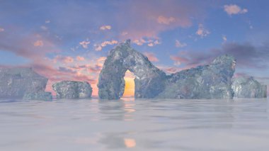 Gün batımında sakin bir okyanusta 3D buz kemeri, pastel bir gökyüzü zeminiyle.