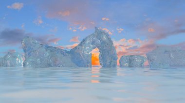 Gün batımında sakin bir okyanusta 3D buz kemeri, pastel bir gökyüzü zeminiyle.