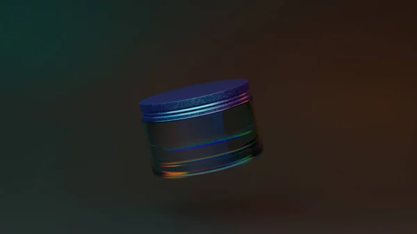 Cosmetic jar in 3D illustration with a holographic sheen, floating against a moody gradient background