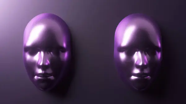 Metallic purple masks in 3D illustration, exuding mystery with their smooth, reflective surfaces on a dark gradient background.