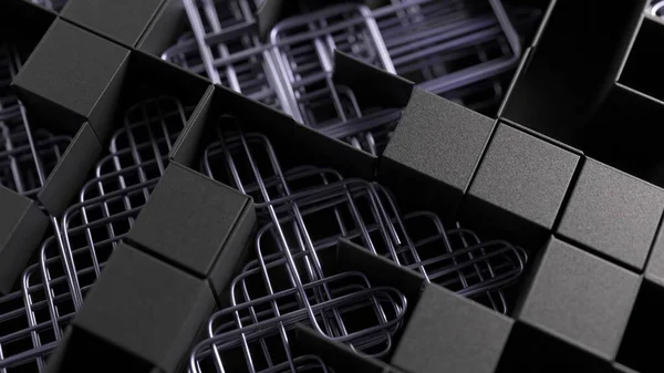Intricate 3D labyrinth of matte black cubes and silver grids, casting subtle shadows.