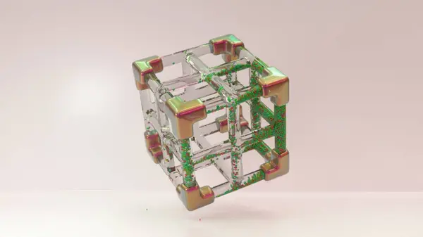 Gleaming 3D cube structure rotates, its glassy frame filled with vibrant, dynamic particles.