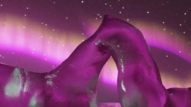 Yıldızlı aurora gökyüzünün altındaki mor buz dağlarının 3 boyutlu büyülü animasyonu, büyülü ve gerçeküstü..